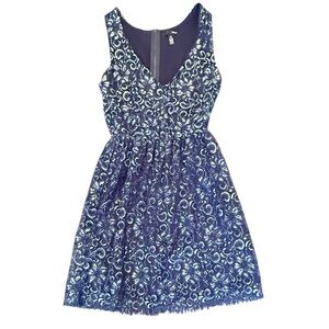 Aqua/Bloomingdales Navy/Silver Sleeveless V-neck Lace Dress Size XS MSRP $198
